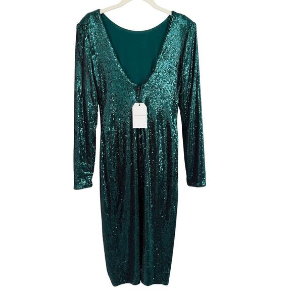 DRESS THE POPULATION Natalie Midi Dress Deep Emerald Green Sequin Size M NWT - Picture 6 of 9